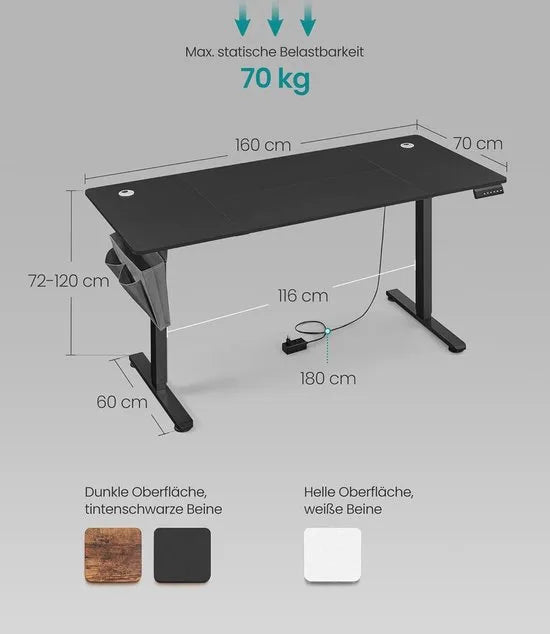 FurnStar - Verstelbaar bureau - In hoogte verstelbaar bureau elektrisch - bureau tafel - verstelbaar bureau elektrisch - 60 x 120 x (72-120) cm - geheugenfunctie voor 4 hoogtes - voor thuiskantoor - w – Inkt zwart 70 x 160