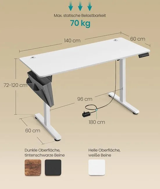 FurnStar - Verstelbaar bureau - In hoogte verstelbaar bureau elektrisch - bureau tafel - verstelbaar bureau elektrisch - 60 x 120 x (72-120) cm - geheugenfunctie voor 4 hoogtes - voor thuiskantoor - w – Wolkenwit 60 x 140