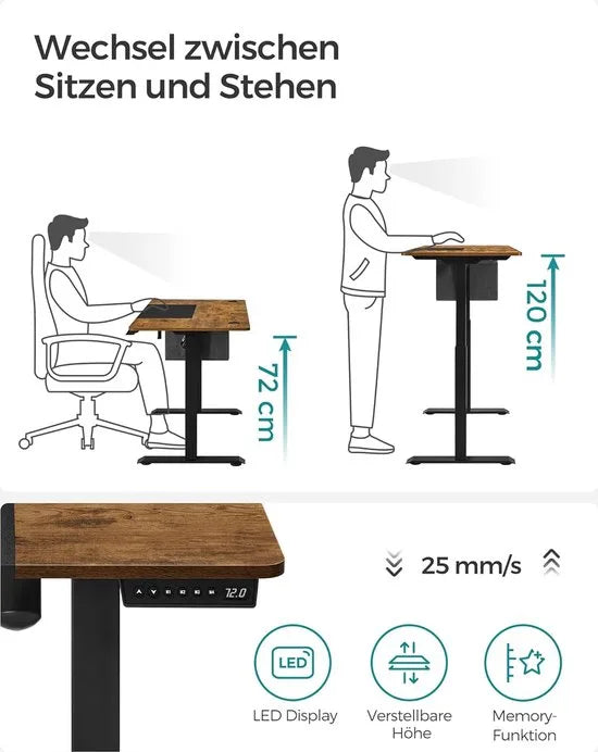FurnStar - Verstelbaar bureau - In hoogte verstelbaar bureau elektrisch - bureau tafel - verstelbaar bureau elektrisch - 60 x 120 x (72-120) cm - geheugenfunctie voor 4 hoogtes - voor thuiskantoor - werkkamer - vintage bruin + basiszwart