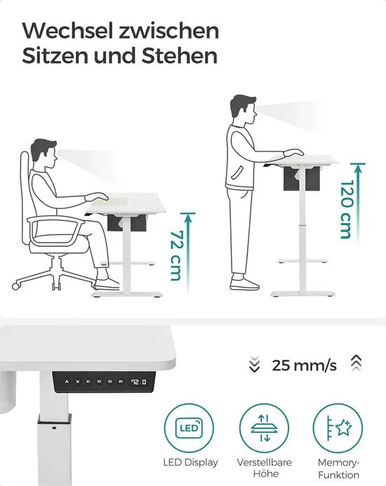 FurnStar - Verstelbaar bureau - In hoogte verstelbaar bureau elektrisch - bureau tafel - verstelbaar bureau elektrisch - , 60 x 140 x (72-120) cm - geheugenfunctie voor 4 hoogtes - voor thuiskantoor - werkkamer - basiswit + beige.