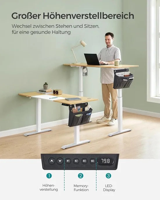 FurnStar - Verstelbaar bureau - In hoogte verstelbaar bureau elektrisch - bureau tafel - verstelbaar bureau elektrisch - , 60 x 140 x (72-120) cm - geheugenfunctie voor 4 hoogtes - voor thuiskantoor - werkkamer - pastelgeel + basiswit.