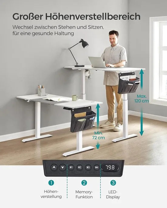 FurnStar - Verstelbaar bureau - In hoogte verstelbaar bureau elektrisch - bureau tafel - verstelbaar bureau elektrisch - , 60 x 140 x (72-120) cm - geheugenfunctie voor 4 hoogtes - voor thuiskantoor - werkkamer - Basiswit + duifgrijs.