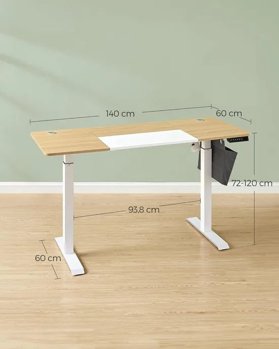 FurnStar - Verstelbaar bureau - In hoogte verstelbaar bureau elektrisch - bureau tafel - verstelbaar bureau elektrisch - , 60 x 140 x (72-120) cm - geheugenfunctie voor 4 hoogtes - voor thuiskantoor - werkkamer - pastelgeel + basiswit.