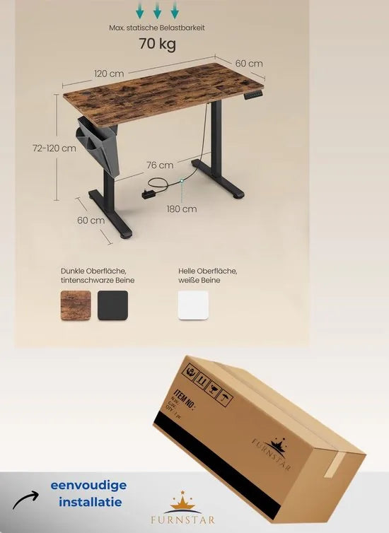 FurnStar - Verstelbaar Bureau Tafel - In Hoogte Verstelbaar Bureau Elektrisch - 120 x 60 x (72-120) cm - Geheugenfunctie voor 4 Hoogtes - Voor Thuiskantoor - Werkkamer - Vintage Bruin -Inktzwart