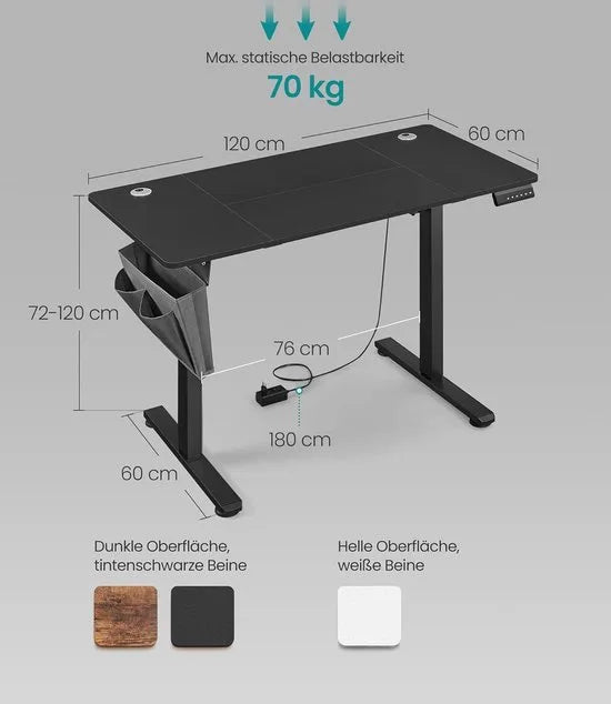 FurnStar - Verstelbaar Bureau Tafel - In Hoogte Verstelbaar Bureau Elektrisch - 120 x 60 x (72-120) cm - Geheugenfunctie voor 4 Hoogtes - Voor Thuiskantoor - Werkkamer - Vintage Bruin -Inktzwart – Inktzwart 70 x 160