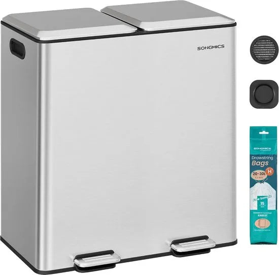 Furnstar Vuilnisbak keuken - 2 x 30 L - 2 vakken - Afvalscheidingssysteem - Softclose - Uitneembare binnenemmer - Pedalen - Staal - Inktzwart – Metallic zilver