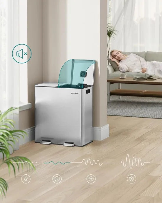 Furnstar Vuilnisbak keuken - 2 x 30 L - 2 vakken - Afvalscheidingssysteem - Softclose - Uitneembare binnenemmer - Pedalen - Staal - Inktzwart – Metallic zilver