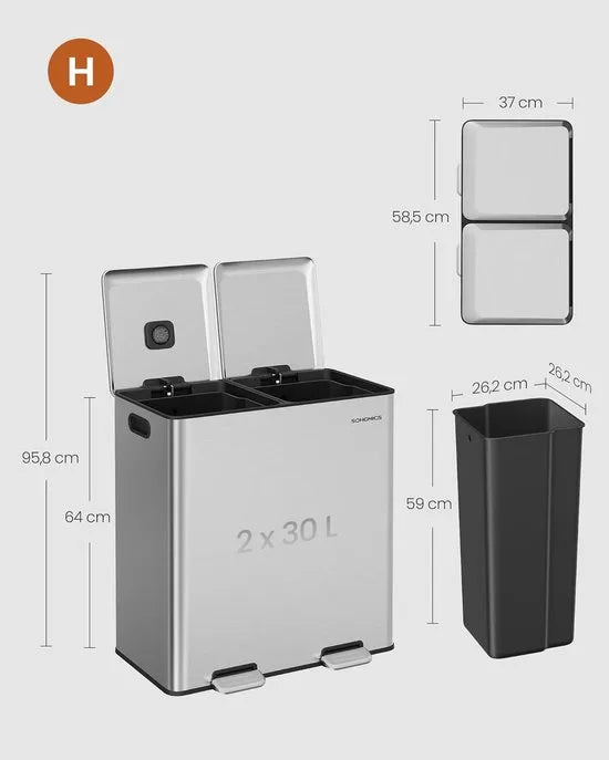 Furnstar Vuilnisbak keuken - 2 x 30 L - 2 vakken - Afvalscheidingssysteem - Softclose - Uitneembare binnenemmer - Pedalen - Staal - Inktzwart – Metallic zilver