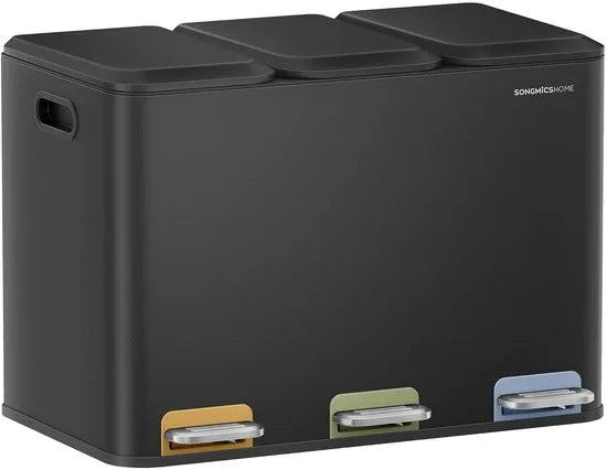 Furnstar Vuilnisbak keuken - 3 x 15 L vakken - Afvalemmer met kleurcoderbare pedalen - Afvalscheidingssysteem met deksels en binnenemmers - Staal - Metallic Zilver – Inkt zwart