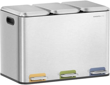 Furnstar Vuilnisbak keuken - 3 x 15 L vakken - Afvalemmer met kleurcoderbare pedalen - Afvalscheidingssysteem met deksels en binnenemmers - Staal - Metallic Zilver