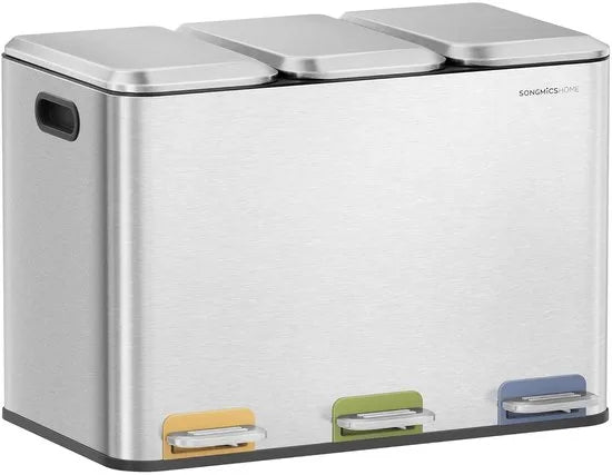 Furnstar Vuilnisbak keuken - 3 x 15 L vakken - Afvalemmer met kleurcoderbare pedalen - Afvalscheidingssysteem met deksels en binnenemmers - Staal - Metallic Zilver