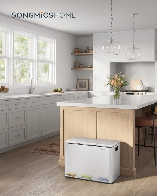 Furnstar Vuilnisbak keuken - 3 x 15 L vakken - Afvalemmer met kleurcoderbare pedalen - Afvalscheidingssysteem met deksels en binnenemmers - Staal - Metallic Zilver