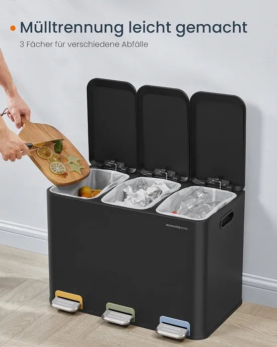 Furnstar Vuilnisbak keuken - 3 x 15 L vakken - Afvalemmer met kleurcoderbare pedalen - Afvalscheidingssysteem met deksels en binnenemmers - Staal - Metallic Zilver – Inkt zwart