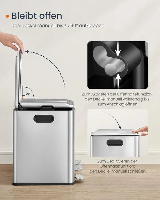 Furnstar Vuilnisbak keuken - 3 x 15 L vakken - Afvalemmer met kleurcoderbare pedalen - Afvalscheidingssysteem met deksels en binnenemmers - Staal - Metallic Zilver