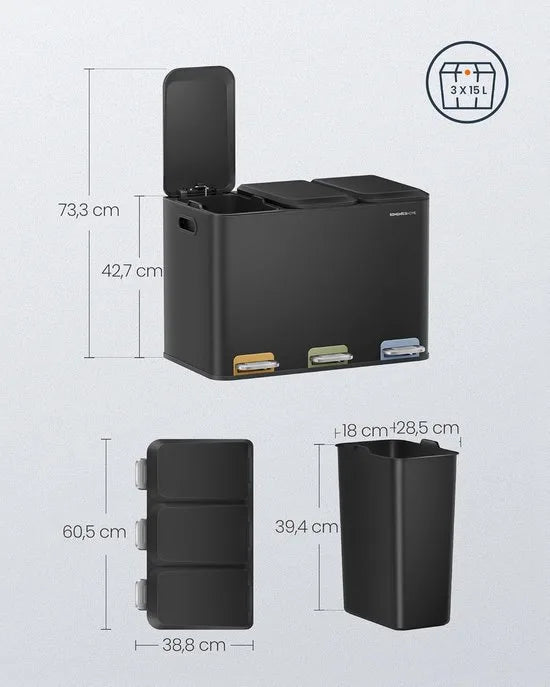 Furnstar Vuilnisbak keuken - 3 x 15 L vakken - Afvalemmer met kleurcoderbare pedalen - Afvalscheidingssysteem met deksels en binnenemmers - Staal - Metallic Zilver – Inkt zwart