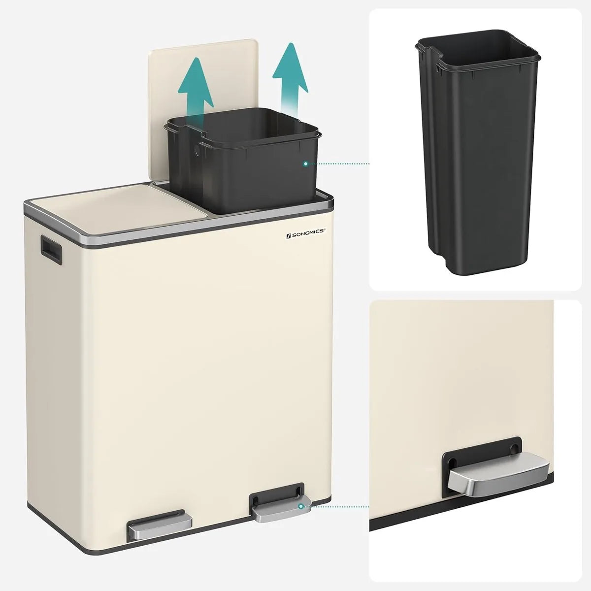 Furnstar Vuilnisemmer - 2 x 30 L - 2 vakken - Afvalscheidingssysteem - Pedaalemmer keuken - Afvalemmer met binnenemmer van kunststof - Klapdeksel softclose - Metaal - Luchtdicht -Creme