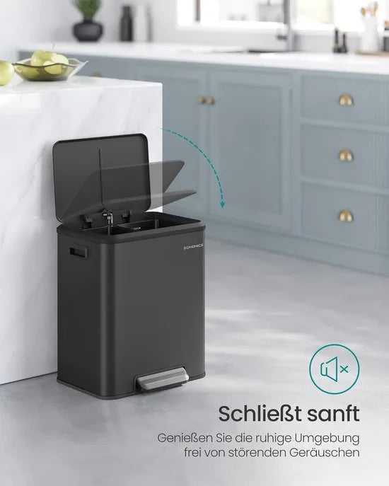 Furnstar Vuilnisemmer - Afvalscheidingssysteem 2 x 15 L - 2 vakken voor recycling en restafval - Afvalemmer met binnenemmer - Staal - Softclose deksel - Breed robuust pedaal - Wolkenwit – Inktzwart