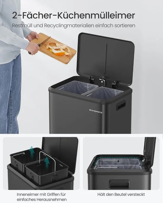 Furnstar Vuilnisemmer - Afvalscheidingssysteem 2 x 15 L - 2 vakken voor recycling en restafval - Afvalemmer met binnenemmer - Staal - Softclose deksel - Breed robuust pedaal - Wolkenwit – Inktzwart