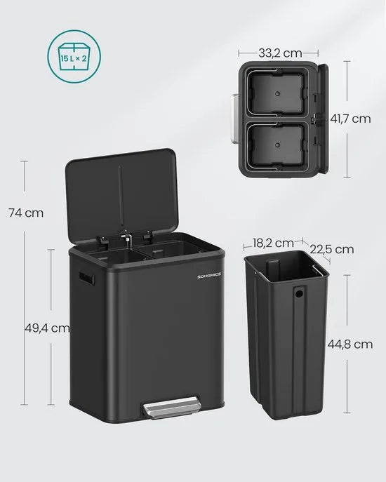 Furnstar Vuilnisemmer - Afvalscheidingssysteem 2 x 15 L - 2 vakken voor recycling en restafval - Afvalemmer met binnenemmer - Staal - Softclose deksel - Breed robuust pedaal - Wolkenwit – Inktzwart