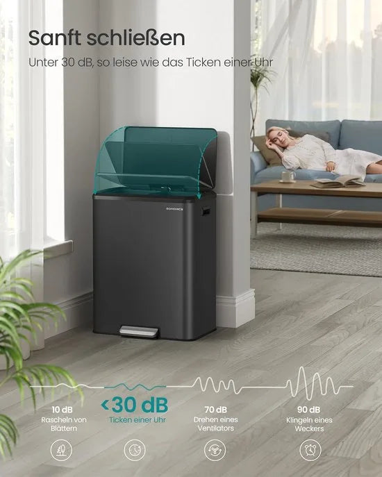 Furnstar Vuilnisemmer - Afvalscheidingssysteem 2 x 30 L - 2 vakken voor recycling en restafval - Afvalemmer met binnenemmer - Roestvrij staal - Softclose deksel - Breed robuust pedaal - Metallic zilve – Inktzwart