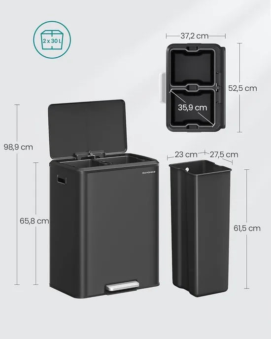 Furnstar Vuilnisemmer - Afvalscheidingssysteem 2 x 30 L - 2 vakken voor recycling en restafval - Afvalemmer met binnenemmer - Roestvrij staal - Softclose deksel - Breed robuust pedaal - Metallic zilve – Inktzwart