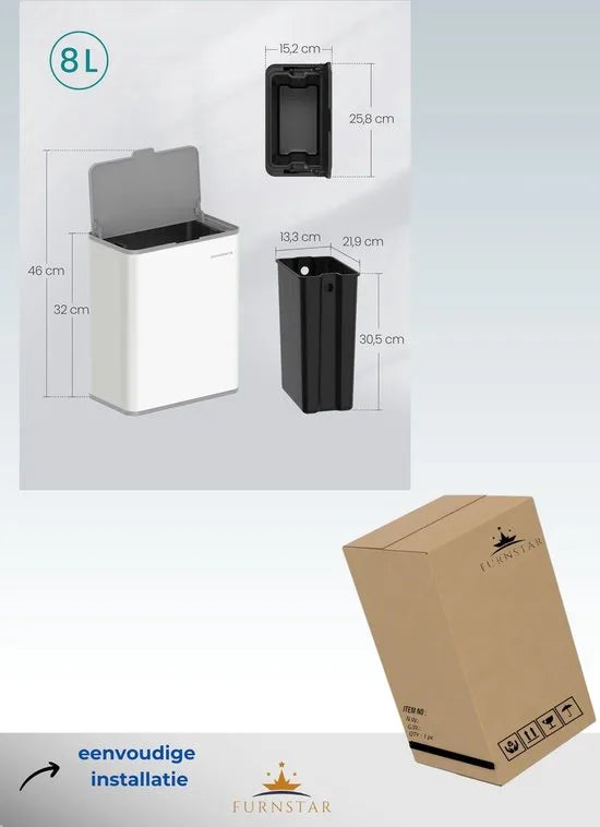 FurnStar - Vuilnisemmer hangend - 8 l compostemmer keuken - stalen afvalemmer met deksel voor biologisch afval - met haken - aan de kastdeur of muur - voor onderkast badkamer - Inktzwart – Wit