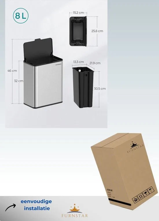 FurnStar - Vuilnisemmer hangend - 8 l compostemmer keuken - stalen afvalemmer met deksel voor biologisch afval - met haken - aan de kastdeur of muur - voor onderkast badkamer - Inktzwart – Metallic zilver