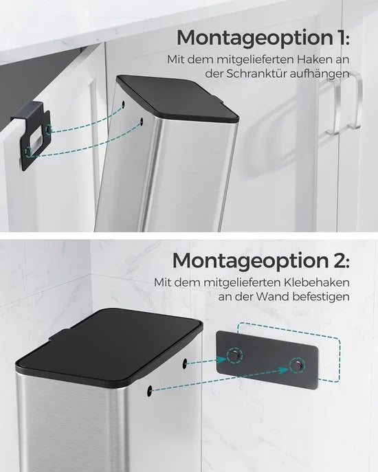 FurnStar - Vuilnisemmer hangend - 8 l compostemmer keuken - stalen afvalemmer met deksel voor biologisch afval - met haken - aan de kastdeur of muur - voor onderkast badkamer - Inktzwart – Metallic zilver