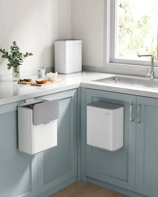 FurnStar - Vuilnisemmer hangend - 8 l compostemmer keuken - stalen afvalemmer met deksel voor biologisch afval - met haken - aan de kastdeur of muur - voor onderkast badkamer - Inktzwart – Wit
