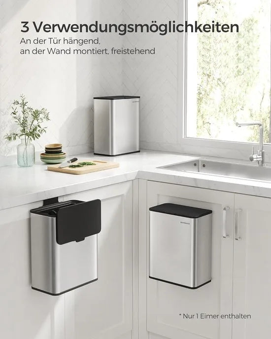 FurnStar - Vuilnisemmer hangend - 8 l compostemmer keuken - stalen afvalemmer met deksel voor biologisch afval - met haken - aan de kastdeur of muur - voor onderkast badkamer - Inktzwart – Metallic zilver