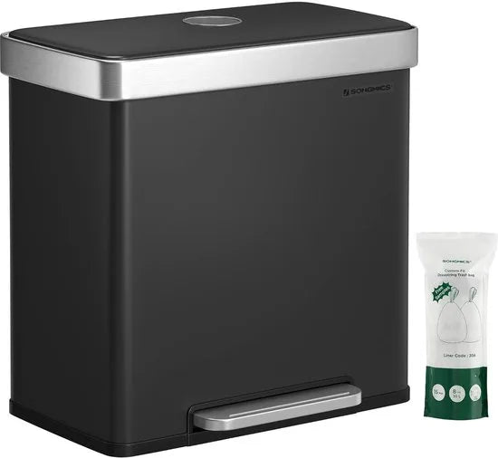 Furnstar Vuilnisemmer keuken - 2 x 30 L - Afvalscheidingssysteem - 2 vakken - Inclusief 15 vuilniszakken - Roestvrij staal - Kunststof binnenemmer - Met deksel - Softclose - 58,2 x 31,5 x 60,5 cm - Zwart