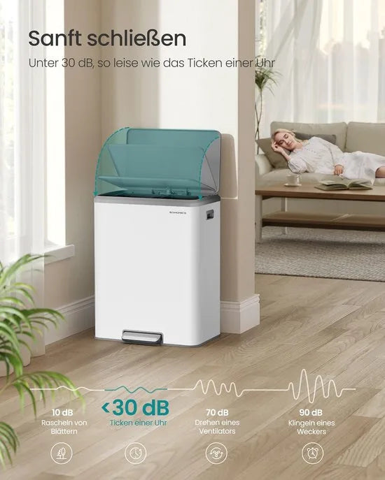 Furnstar Vuilnisemmer - Afvalscheidingssysteem 2 x 30 L - 2 vakken voor recycling en restafval - Afvalemmer met binnenemmer - Roestvrij staal - Softclose deksel - Breed robuust pedaal - Metallic zilve – Wolkenwit