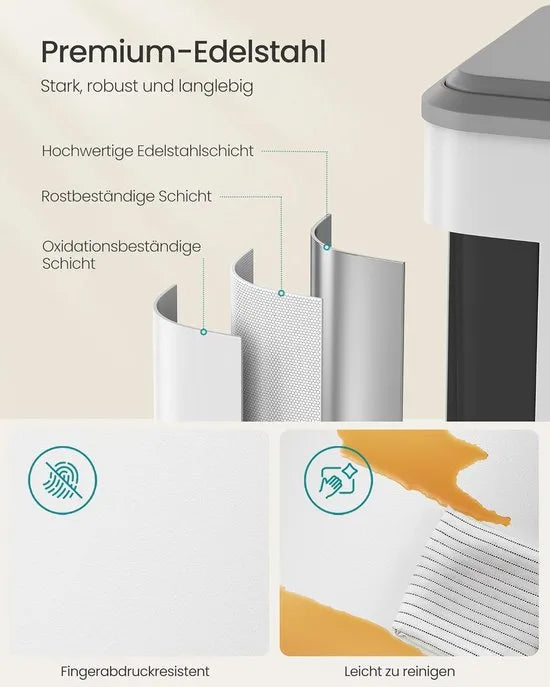 Furnstar Vuilnisemmer - Afvalscheidingssysteem 2 x 30 L - 2 vakken voor recycling en restafval - Afvalemmer met binnenemmer - Roestvrij staal - Softclose deksel - Breed robuust pedaal - Metallic zilve – Wolkenwit