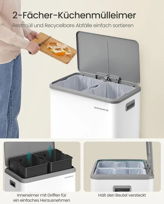 Furnstar Vuilnisemmer - Afvalscheidingssysteem 2 x 30 L - 2 vakken voor recycling en restafval - Afvalemmer met binnenemmer - Roestvrij staal - Softclose deksel - Breed robuust pedaal - Metallic zilve – Wolkenwit