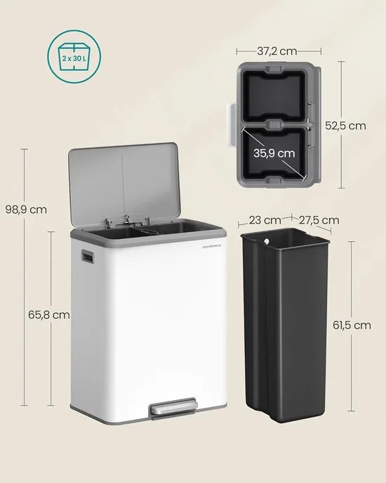 Furnstar Vuilnisemmer - Afvalscheidingssysteem 2 x 30 L - 2 vakken voor recycling en restafval - Afvalemmer met binnenemmer - Roestvrij staal - Softclose deksel - Breed robuust pedaal - Metallic zilve – Wolkenwit