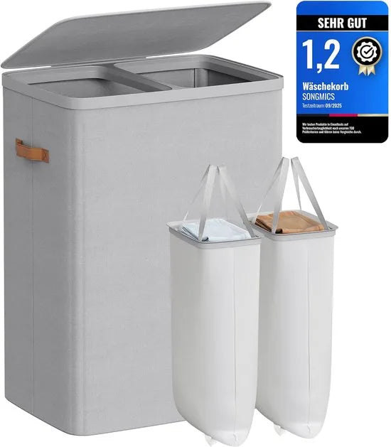 Furnstar Wasmand 170 l - Wasverzamelaar - 2 vakken - Wassorteerder - Lichte constructie met deksel en handgrepen - Uitneembare waszak 56 x 40 x 75 cm - Duifgrijs – Grijs
