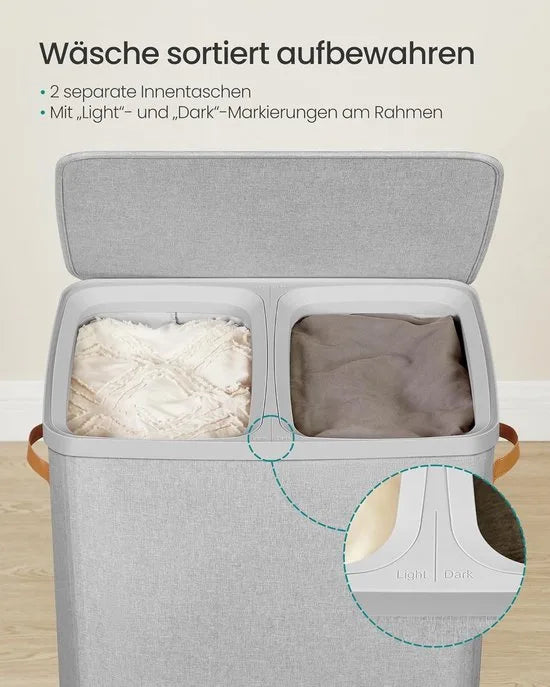 Furnstar Wasmand 170 l - Wasverzamelaar - 2 vakken - Wassorteerder - Lichte constructie met deksel en handgrepen - Uitneembare waszak 56 x 40 x 75 cm - Duifgrijs – Grijs