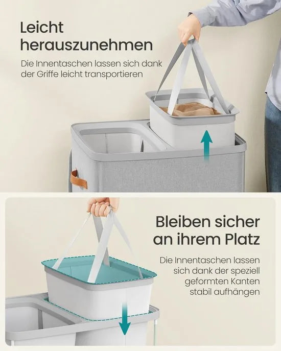 Furnstar Wasmand 170 l - Wasverzamelaar - 2 vakken - Wassorteerder - Lichte constructie met deksel en handgrepen - Uitneembare waszak 56 x 40 x 75 cm - Duifgrijs – Grijs