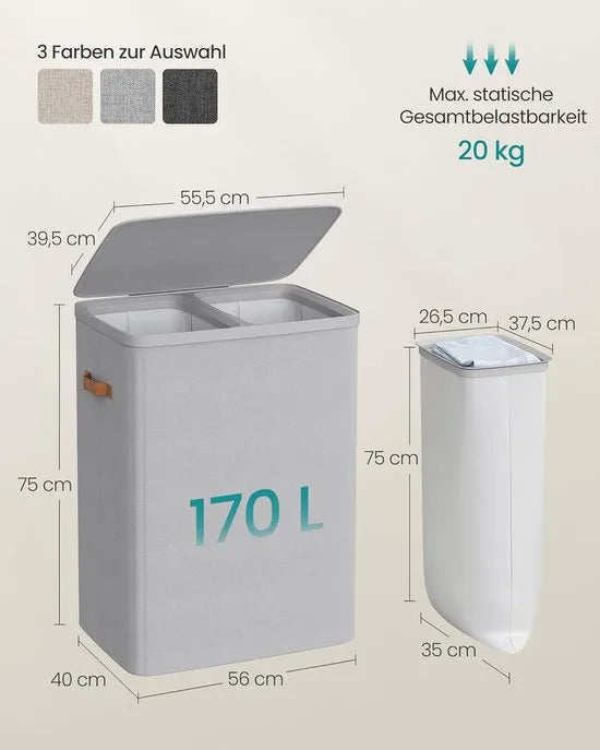 Furnstar Wasmand 170 l - Wasverzamelaar - 2 vakken - Wassorteerder - Lichte constructie met deksel en handgrepen - Uitneembare waszak 56 x 40 x 75 cm - Duifgrijs – Grijs