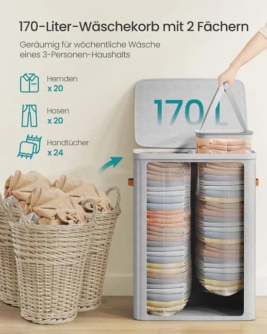 Furnstar Wasmand 170 l - Wasverzamelaar - 2 vakken - Wassorteerder - Lichte constructie met deksel en handgrepen - Uitneembare waszak 56 x 40 x 75 cm - Duifgrijs – Grijs