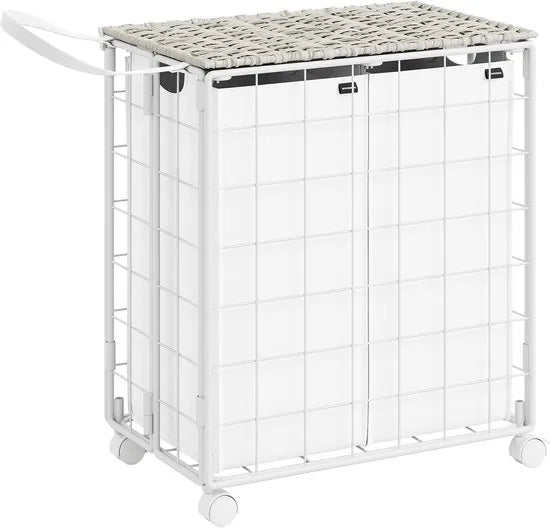 Furnstar - Wasmand - 2 vakken - 110 l - Opvouwbare wasverzamelaar met wieltjes - Wasbox - Waswagen met deksel - Waszak uitneembaar - 57 x 33 x 65 cm - Wolkenwit