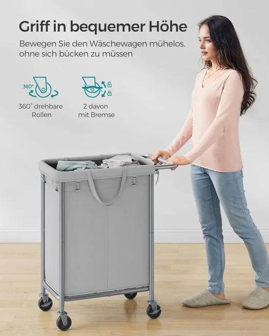 FurnStar - Wasmand 2 vakken - 90 liter - Wasverzamelaar met wieltjes - Waszak Afneembaar - Stalen frame - Met handvat - Ruim - 61 x 29 x 81 cm - Zwart – Grijs 69 x 39 x 81cm