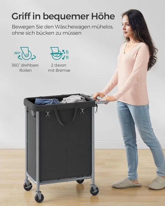 FurnStar - Wasmand 2 vakken - 90 liter - Wasverzamelaar met wieltjes - Waszak Afneembaar - Stalen frame - Met handvat - Ruim - 61 x 29 x 81 cm - Zwart – Zwart 69 x 39 x 81cm