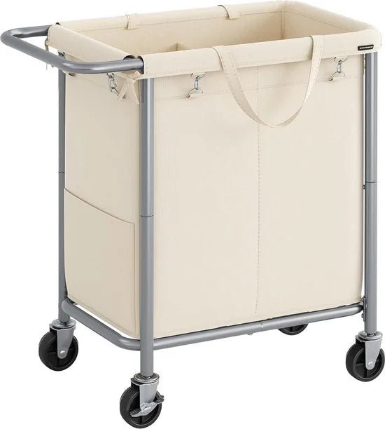 FurnStar - Wasmand 2 vakken - 90 liter - Wasverzamelaar met wieltjes - Waszak Afneembaar - Stalen frame - Met handvat - Ruim - 61 x 29 x 81 cm - Zwart – Creme 69 x 39 x 81cm