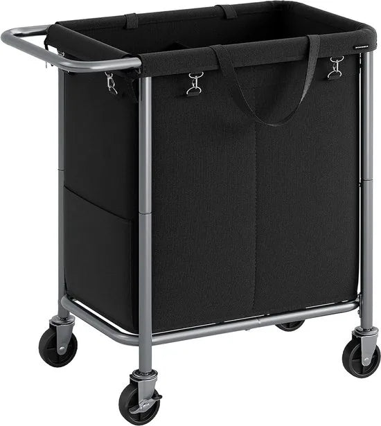 FurnStar - Wasmand - 2 vakken - 140 liter - Wasverzamelaar met wieltjes - Waszak Afneembaar - Stalen frame - Met handvat - Ruim - 69 x 39 x 81 cm - Zwart