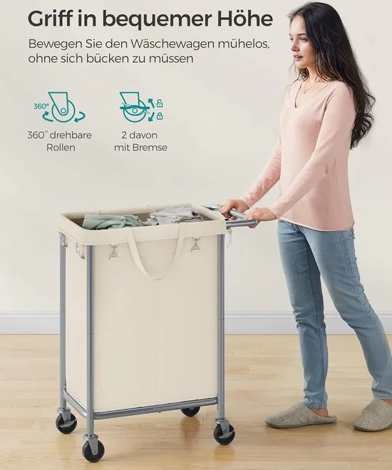 FurnStar - Wasmand 2 vakken - 140 liter - Wasverzamelaar met wieltjes - Waszak Afneembaar - Stalen frame - Met handvat - Ruim - 69 x 39 x 81 cm - Cremewit