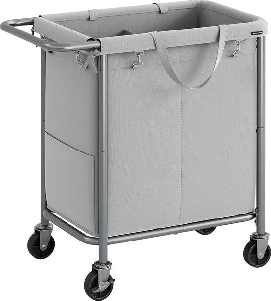 FurnStar - Wasmand 2 vakken - 90 liter - Wasverzamelaar met wieltjes - Waszak Afneembaar - Stalen frame - Met handvat - Ruim - 61 x 29 x 81 cm - Zwart – Grijs 69 x 39 x 81cm
