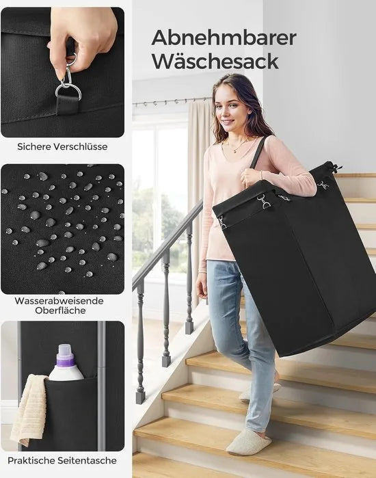 FurnStar - Wasmand - 2 vakken - 140 liter - Wasverzamelaar met wieltjes - Waszak Afneembaar - Stalen frame - Met handvat - Ruim - 69 x 39 x 81 cm - Zwart