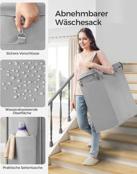 FurnStar - Wasmand 2 vakken - 140 liter - Wasverzamelaar met wieltjes - Waszak Afneembaar - Stalen frame - Met handvat - Ruim - 69 x 39 x 81 cm - Grijs
