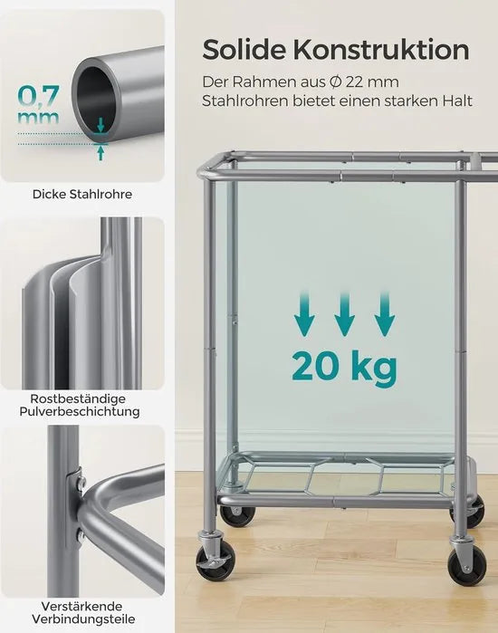 FurnStar - Wasmand 2 vakken - 140 liter - Wasverzamelaar met wieltjes - Waszak Afneembaar - Stalen frame - Met handvat - Ruim - 69 x 39 x 81 cm - Cremewit